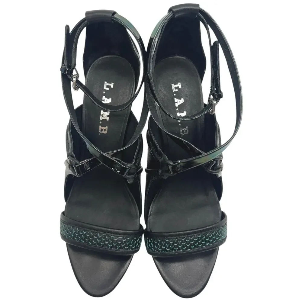 L.A.M.B. Gwen Stefani Black Leather Strappy Heels Iridescent Strap Stiletto 6.5